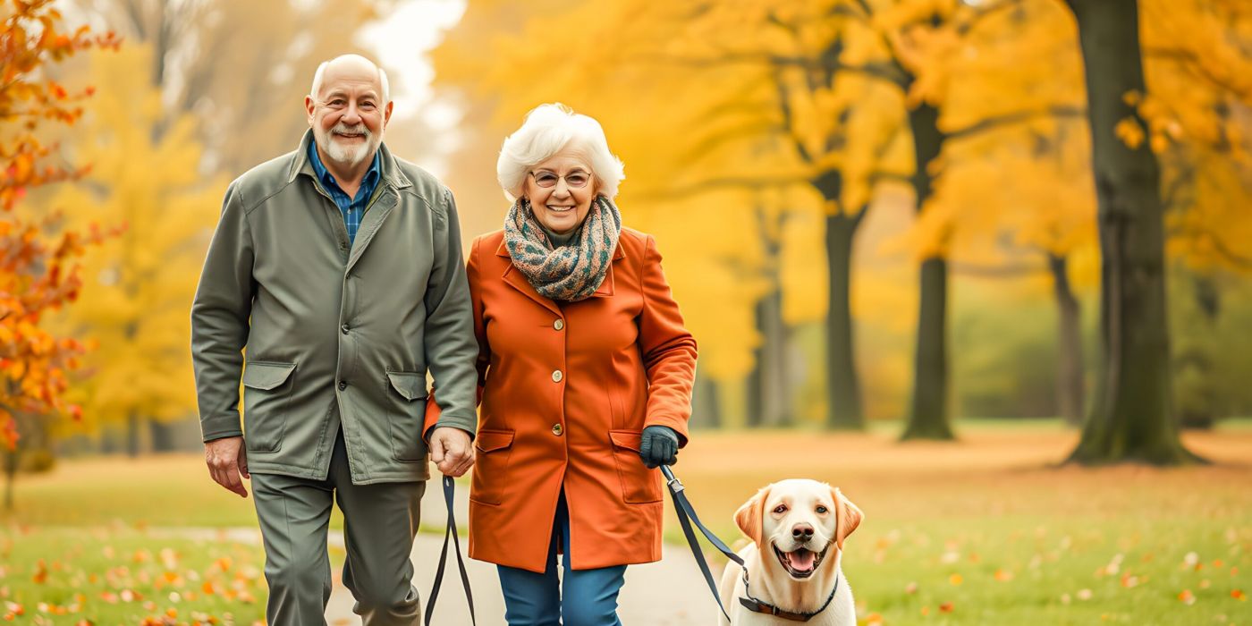 Elderly couple walking their dog on a path in a park with autumn trees and leaves.