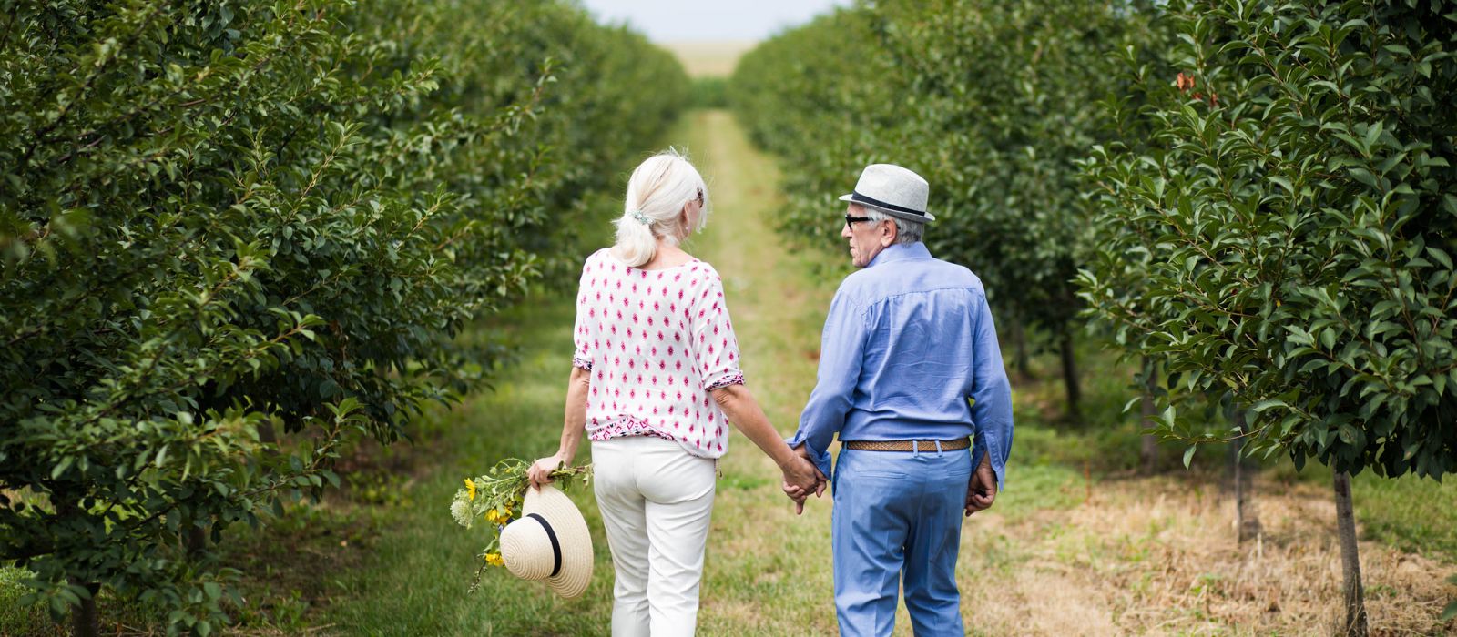 Beautiful senior couple enjoying a walk through an orchard