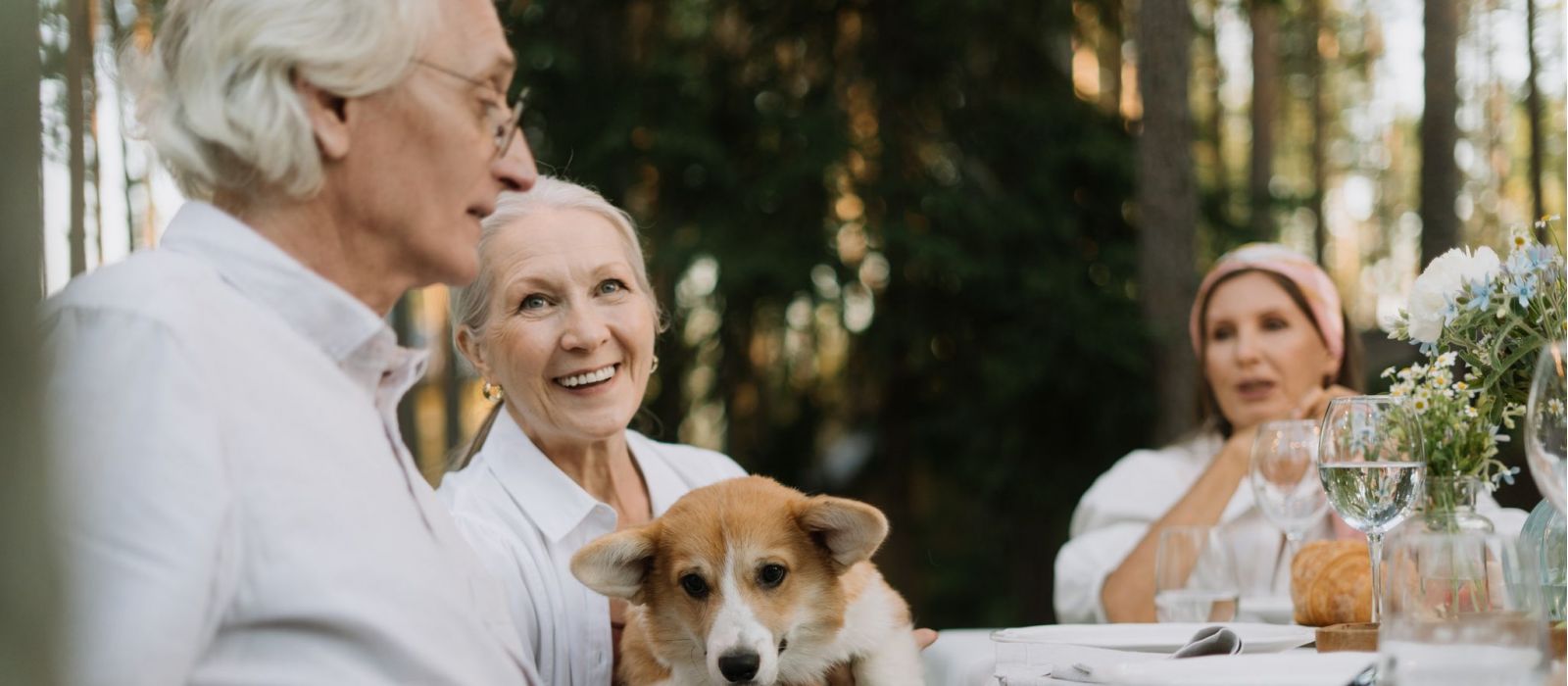 senior friends gathered around a table with one holding up a cute corgi dog