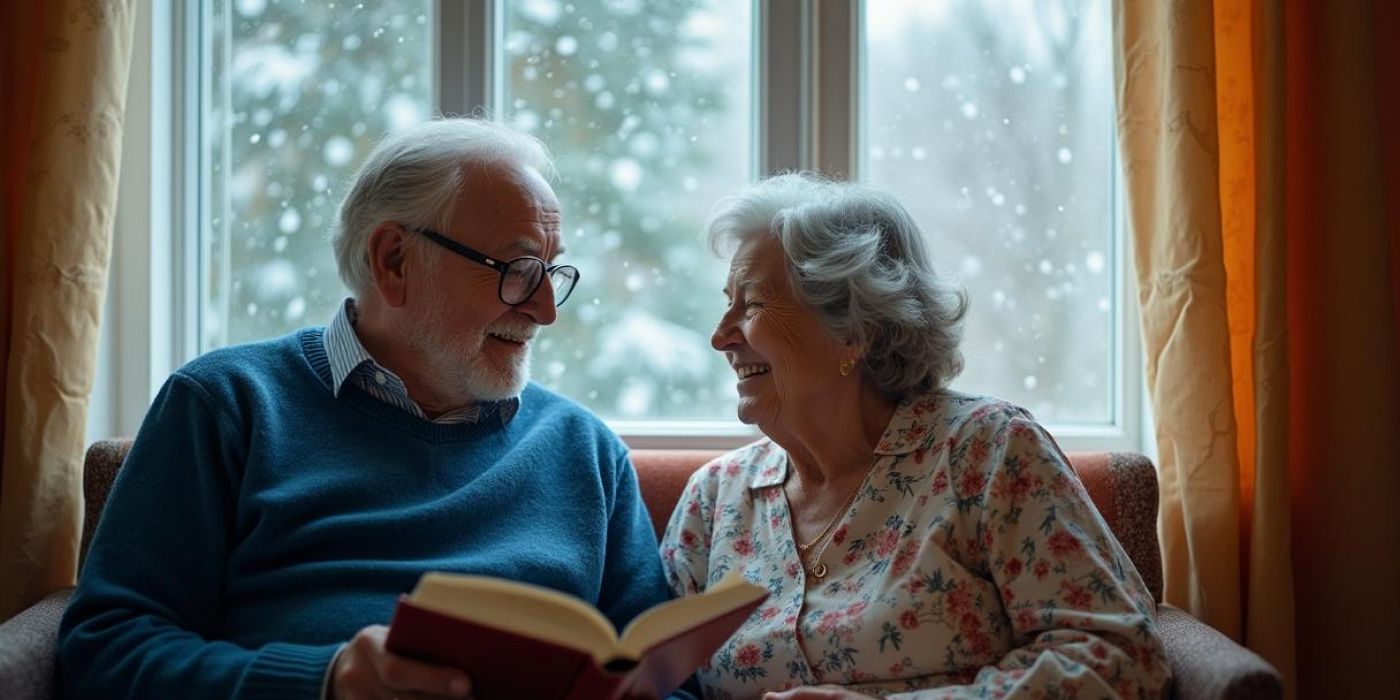 An elderly couple sits by a snowy window, smiling and reading a book together on a cozy couch.