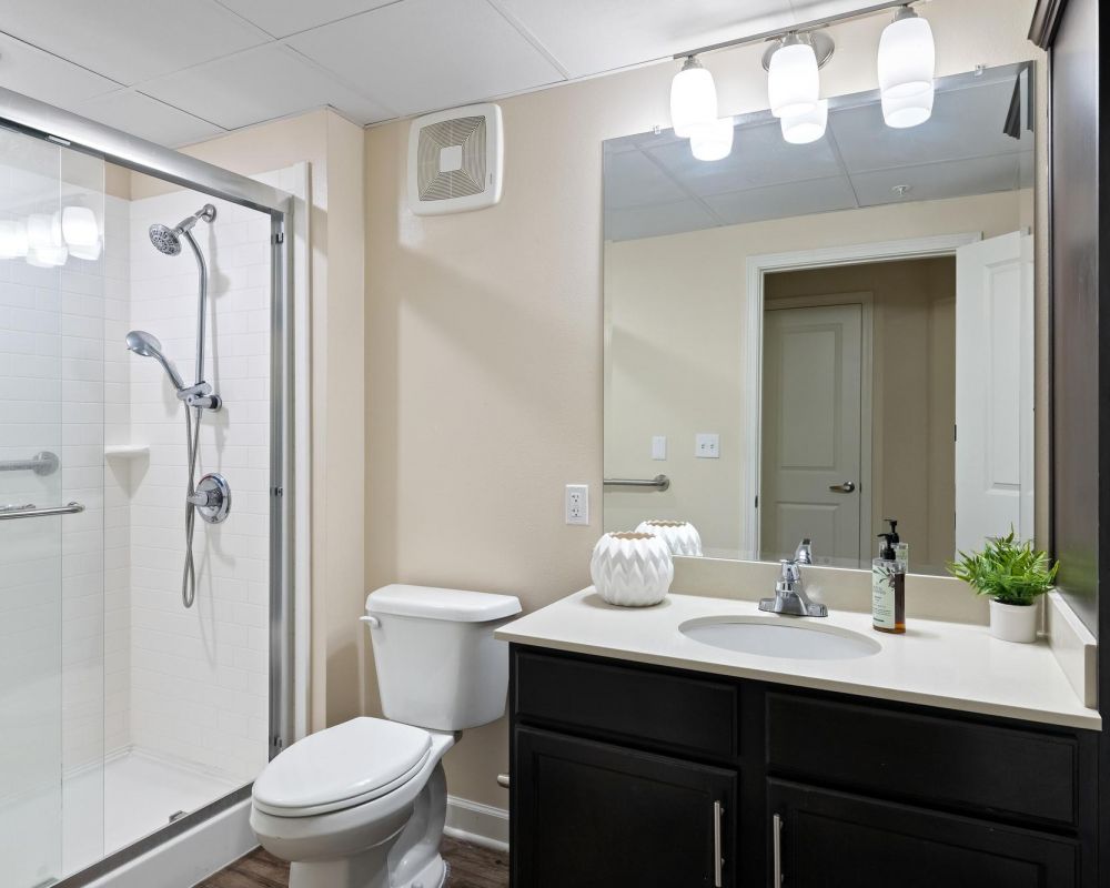 The Claiborne at Baton Rouge independent living apartment bathroom with nice shower and cabinetry