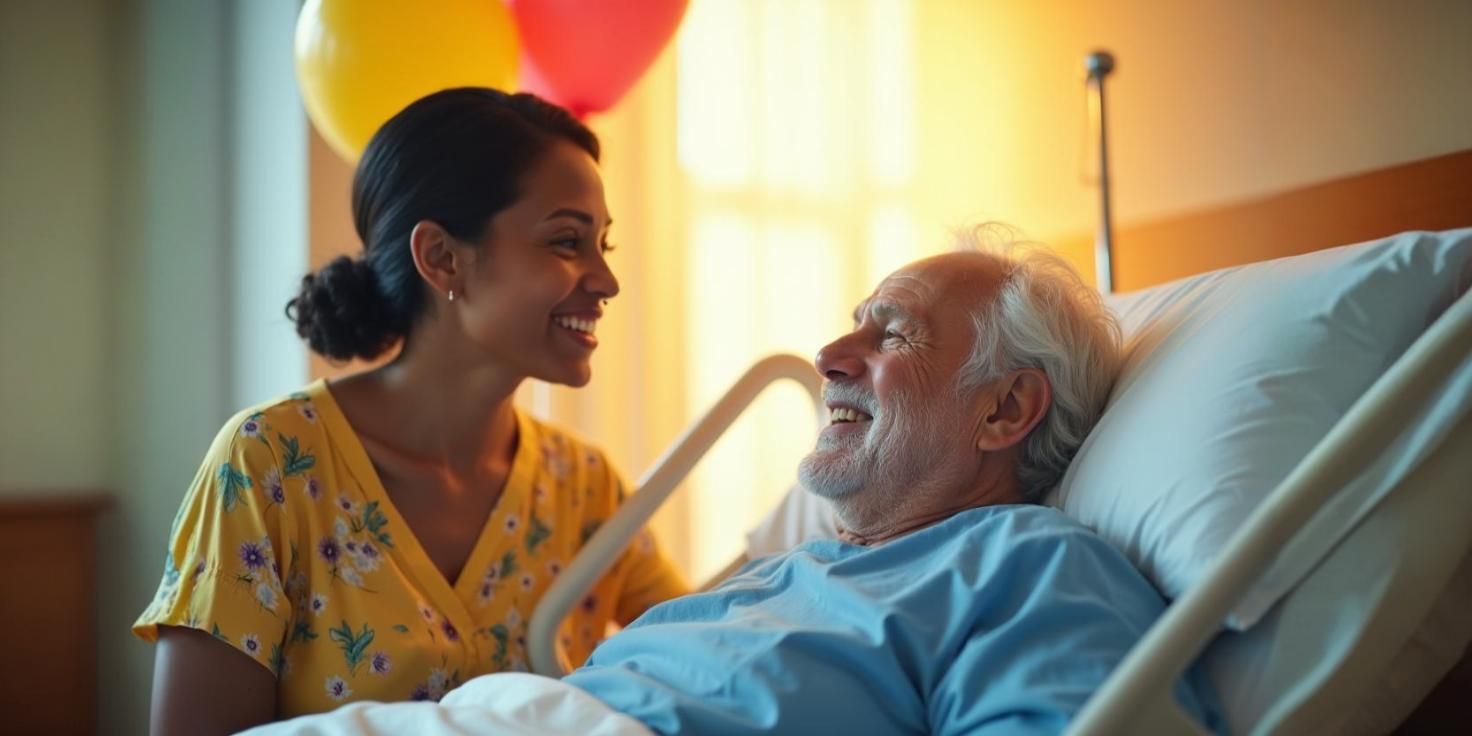 A woman smiles at an elderly man lying in a hospital bed, with balloons in the background.