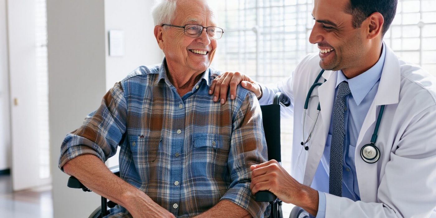 Smiling doctor talks with an elderly man in a wheelchair, showing a friendly and supportive interaction.