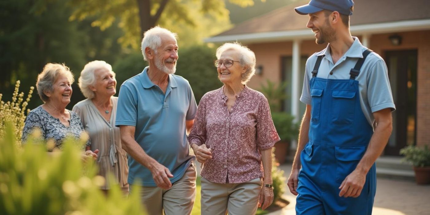 A group of happy seniors walking outside with a smiling maintenance worker on a sunny day.