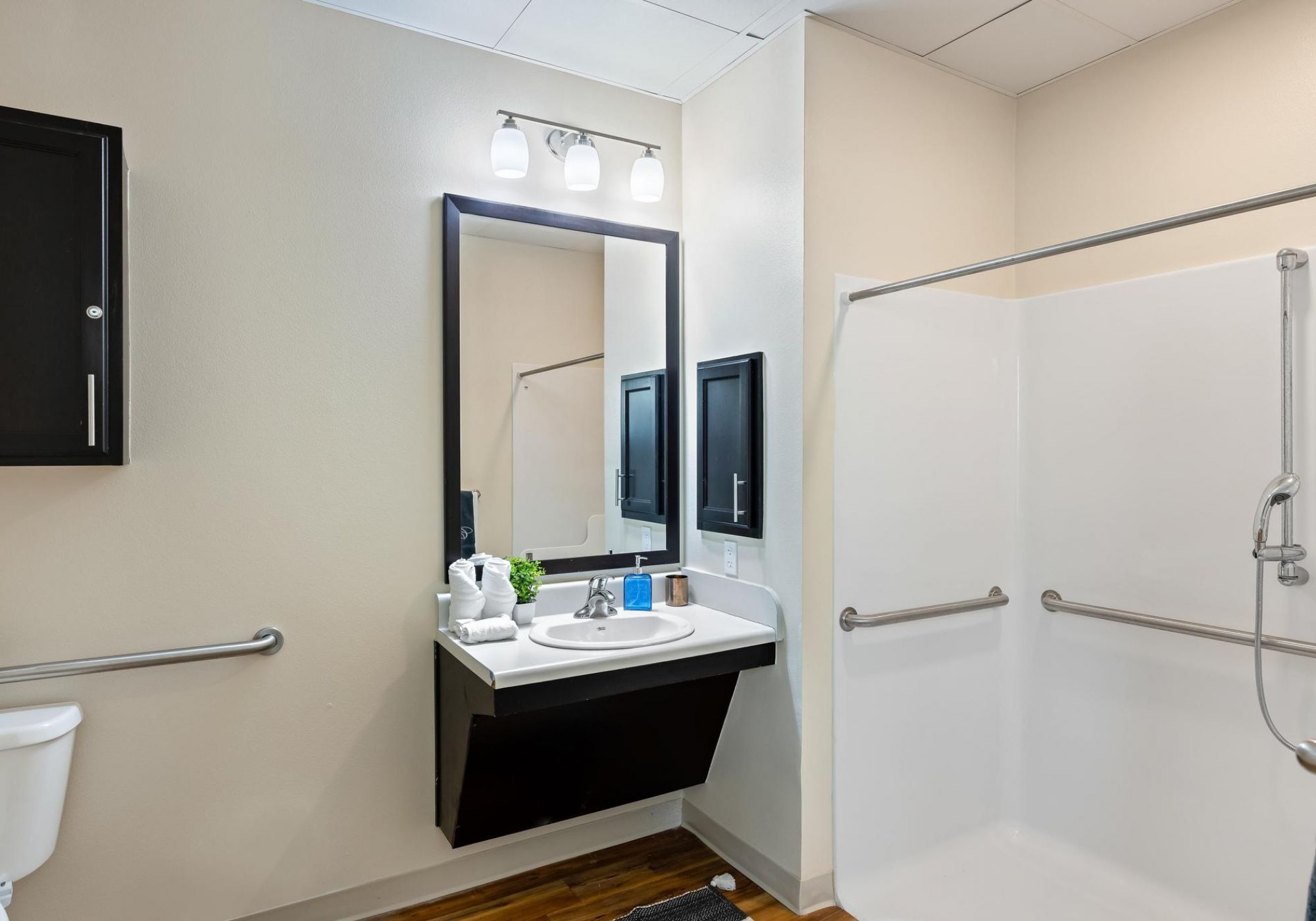 The Claiborne at Baton Rouge senior living community bathroom showing accessibility features including handrails, lower sink height, and zero-entry shower