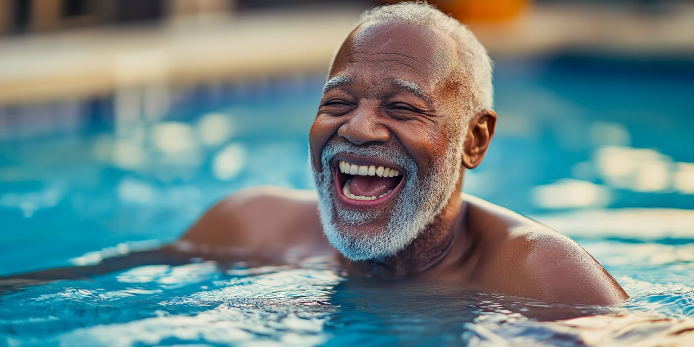 Elderly man with a beard laughing joyfully while swimming in a pool under sunlight.
