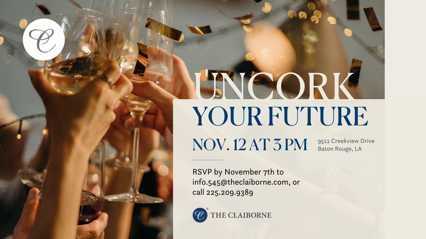 Claiborne Baton Rouge uncork your future event flyer