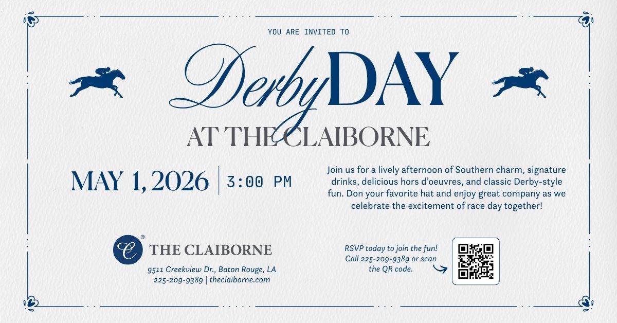 Derby Day at The Claiborne event flyer with outline of a race horse with blue text on a cream textured background.