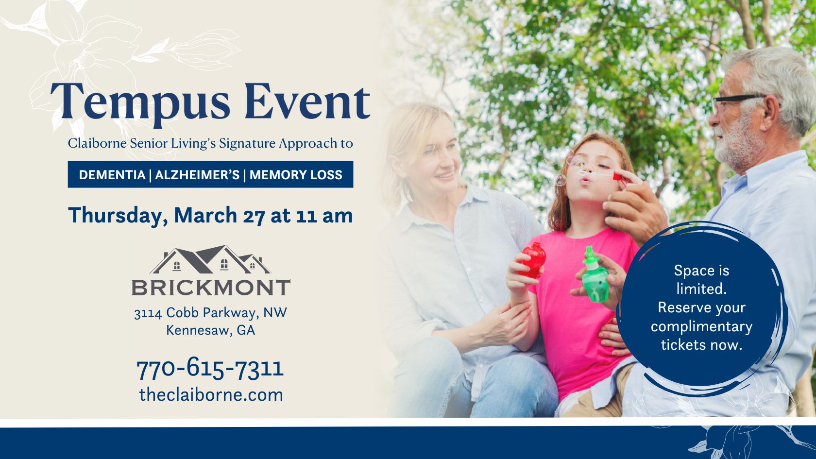 Family sitting outdoors; event details for a senior living seminar on dementia and memory loss in Kennesaw, GA.