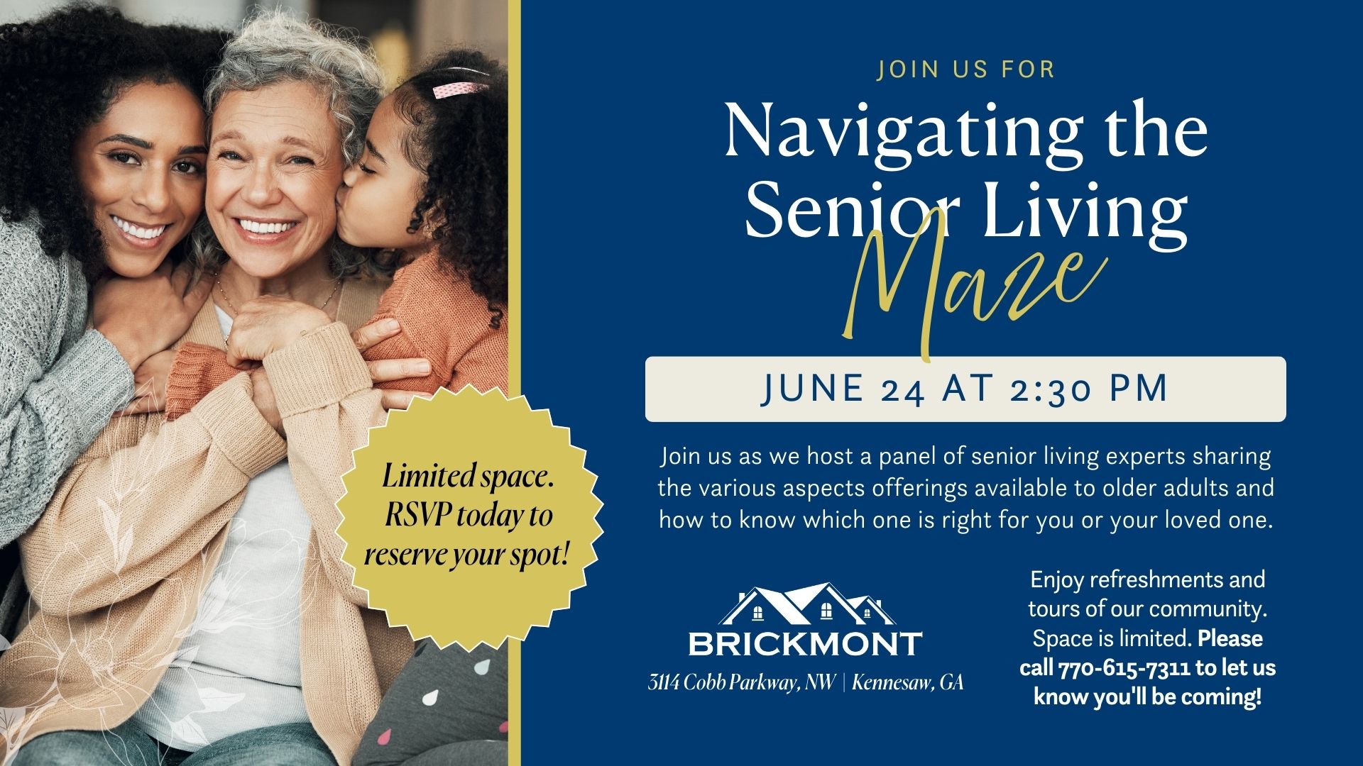 Smiling older woman with two children next to event details for a senior living panel on June 24 at Brickmont.