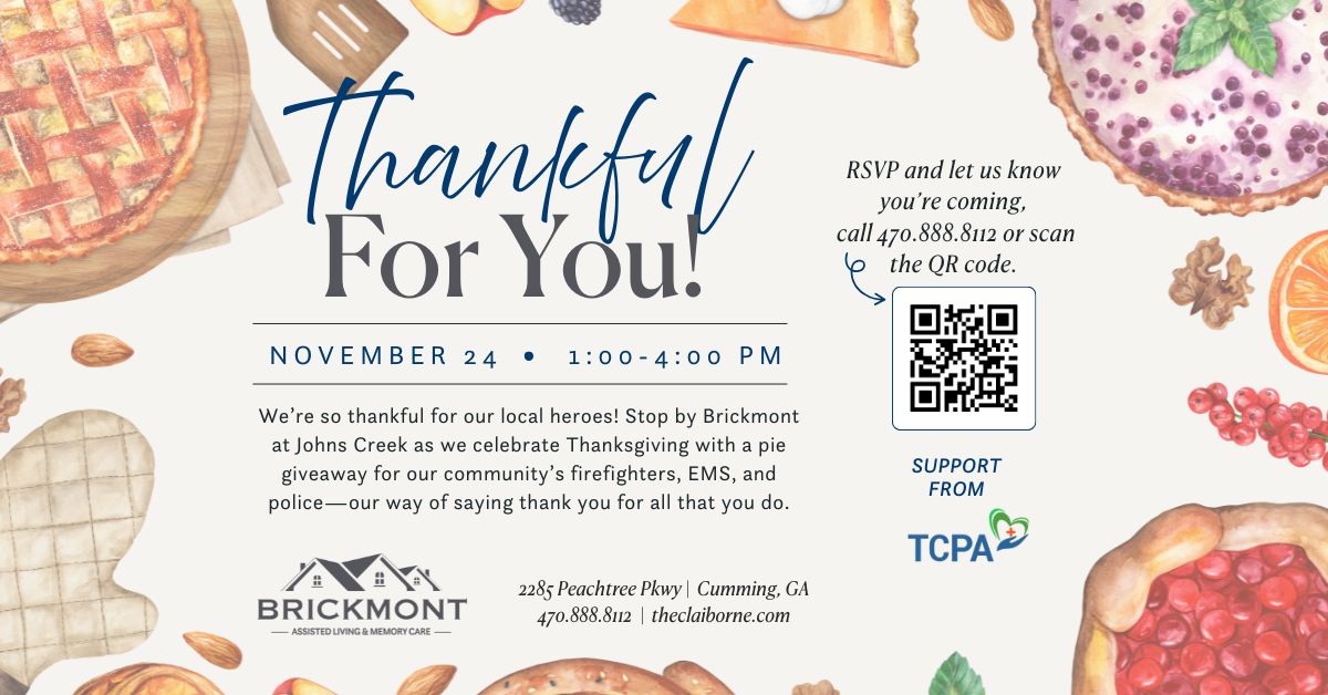 Floral and pie-themed invitation for a Thanksgiving event at Brickmont, with RSVP details and QR code.