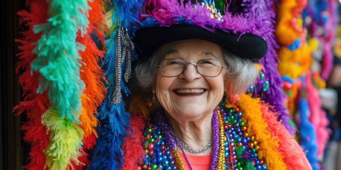 Elderly woman wearing a black hat, colorful beads, and vibrant feather boas laughs joyfully.