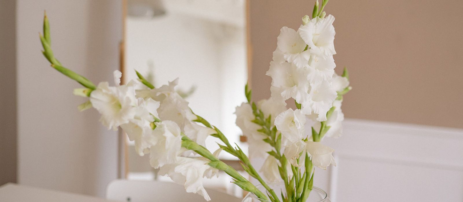 A vase with white flowers and a mirror in the back on a table