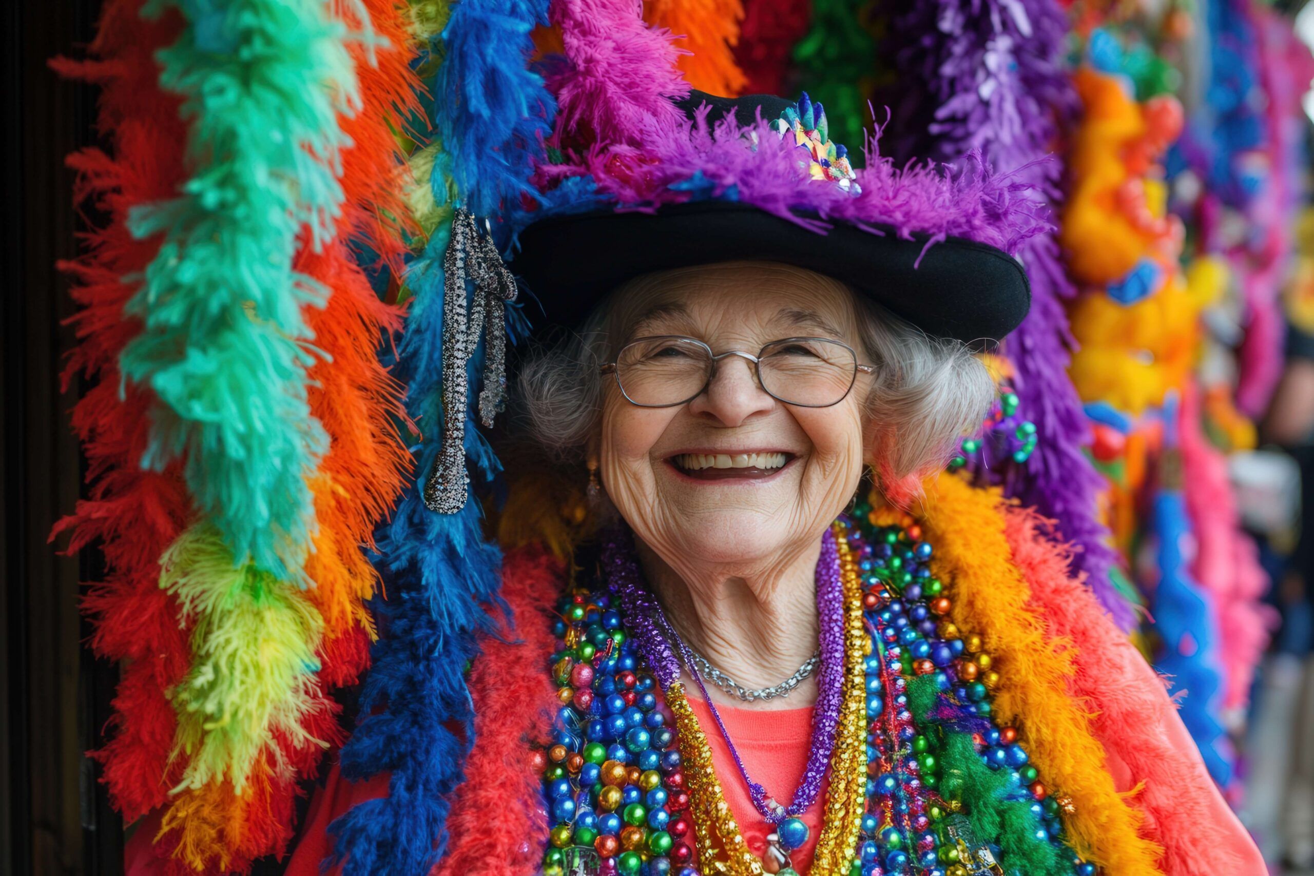 Elderly woman wearing a black hat, colorful beads, and vibrant feather boas laughs joyfully.