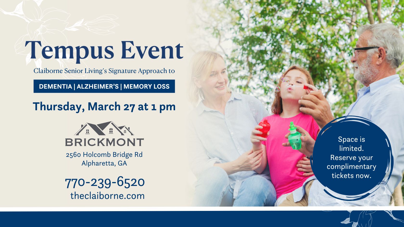 Elderly couple and caregiver interact outdoors with bubbles. Event details for Tempus at Brickmont included.