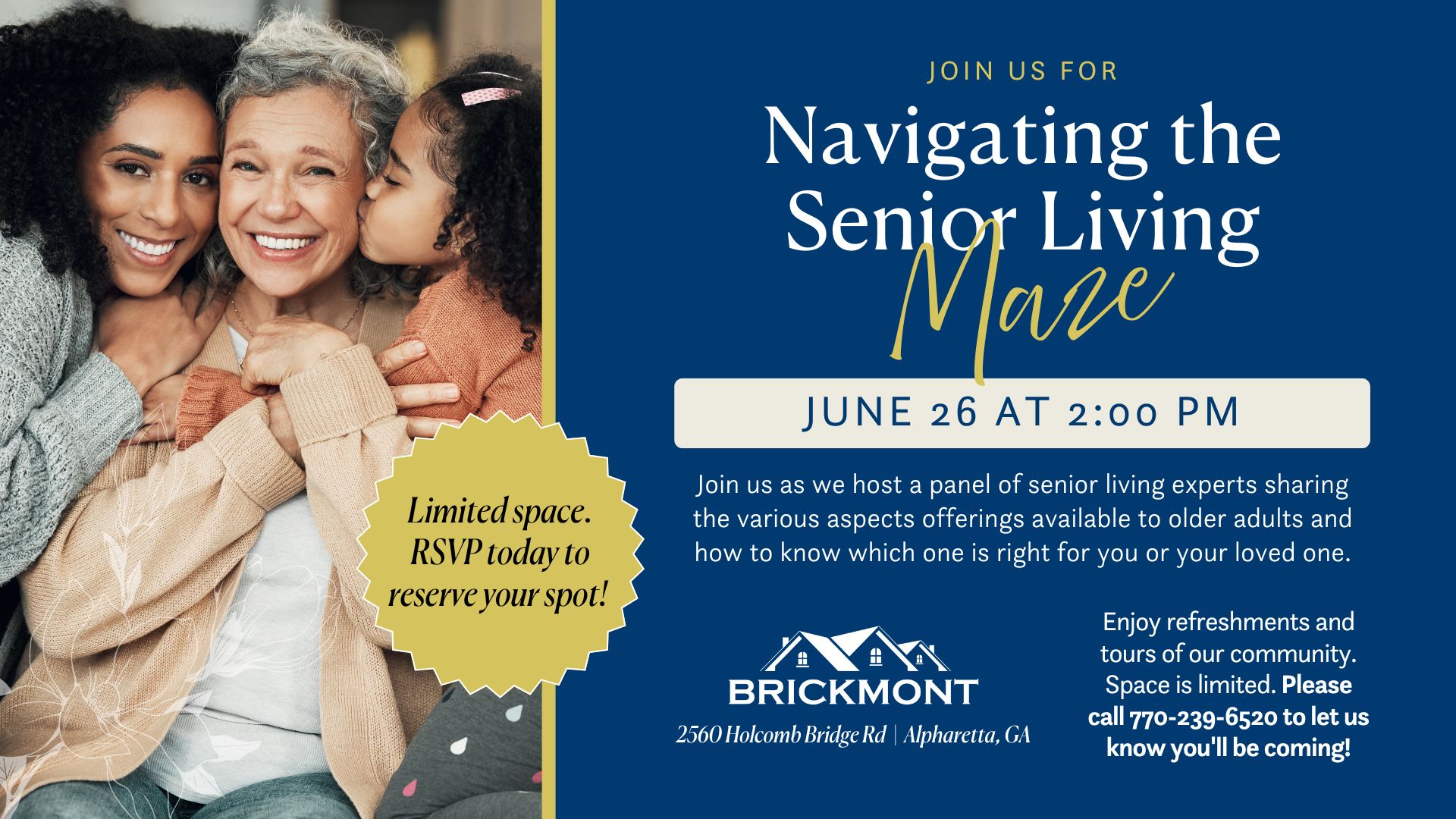 A senior woman is hugged by a younger woman and child, promoting a senior living event on June 26 at 2 PM.
