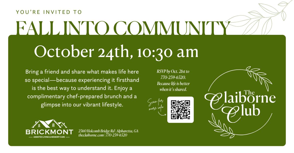 Invitation for a community brunch event at The Claiborne Club on October 24th at 10:30 am, hosted by Brickmont.