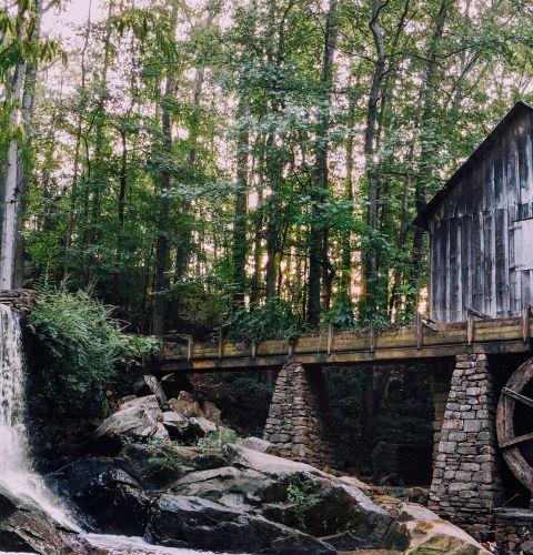 Brickmont at West Cobb  Mill next to a waterfall in a park in Marietta, Georgia