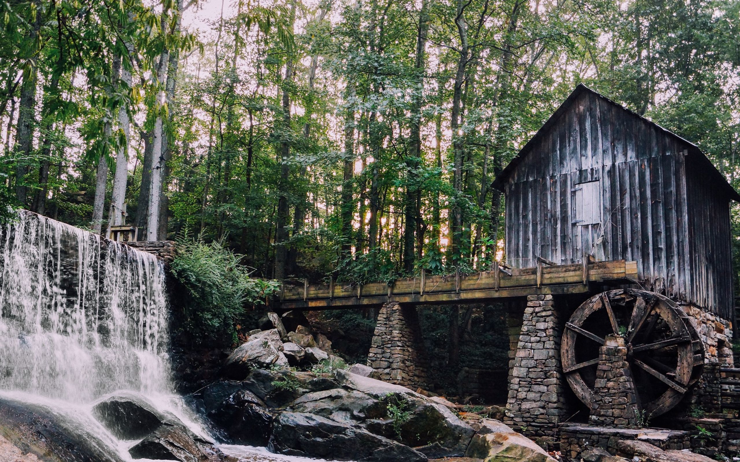 Brickmont at West Cobb Mill next to a waterfall in a park in Marietta, Georgia