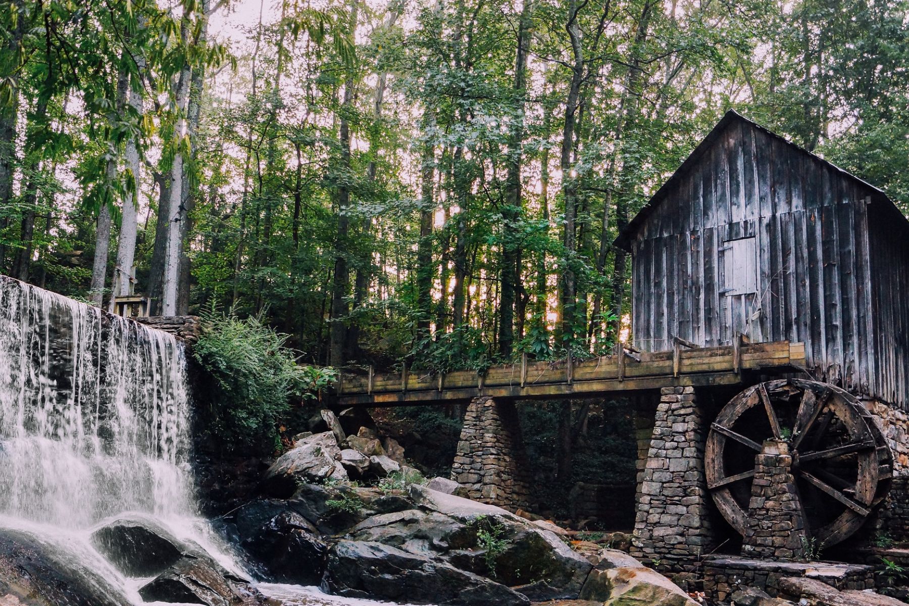 Brickmont at West Cobb Mill next to a waterfall in a park in Marietta, Georgia