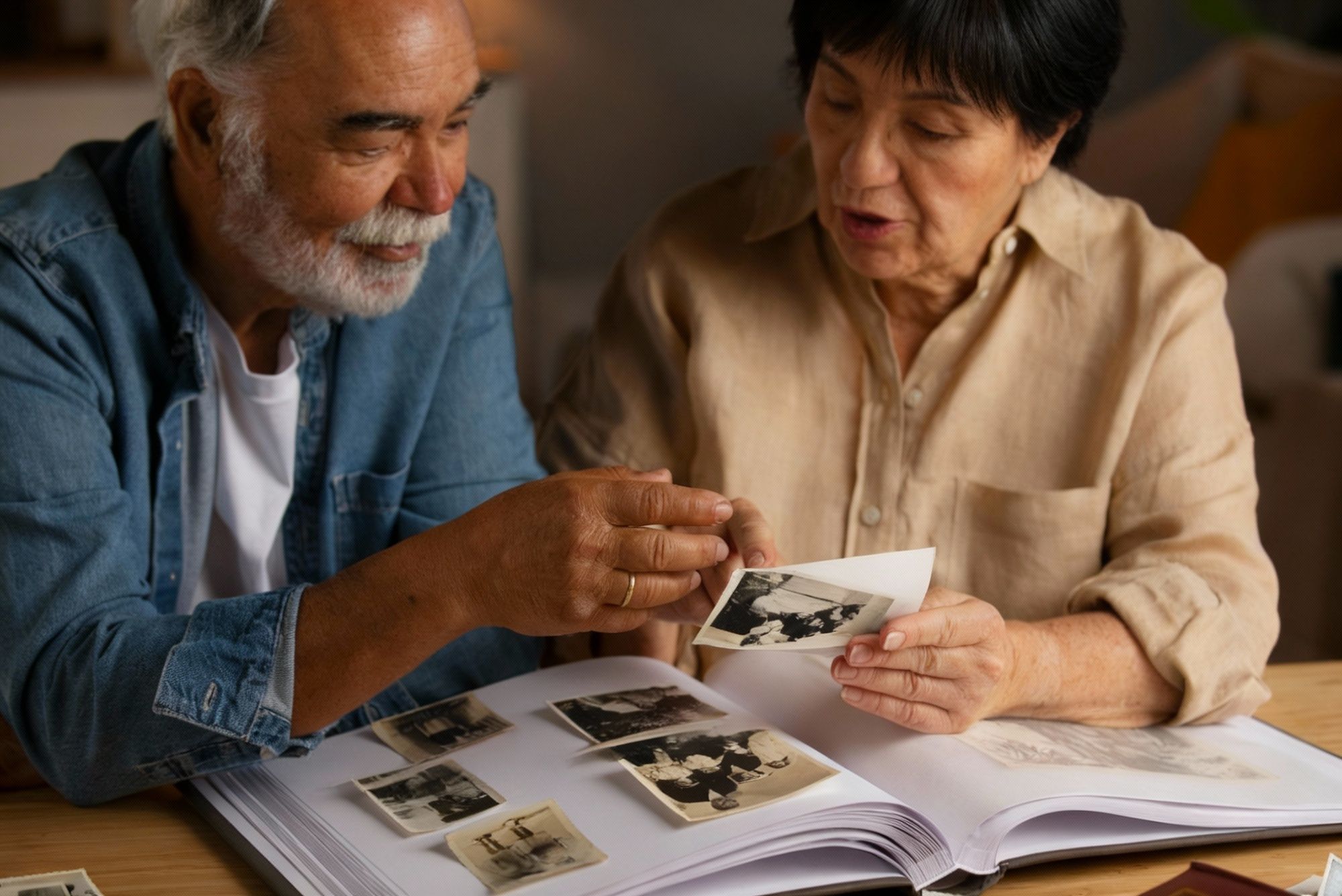 An elderly couple looks at old photographs together in a photo album at a table.
