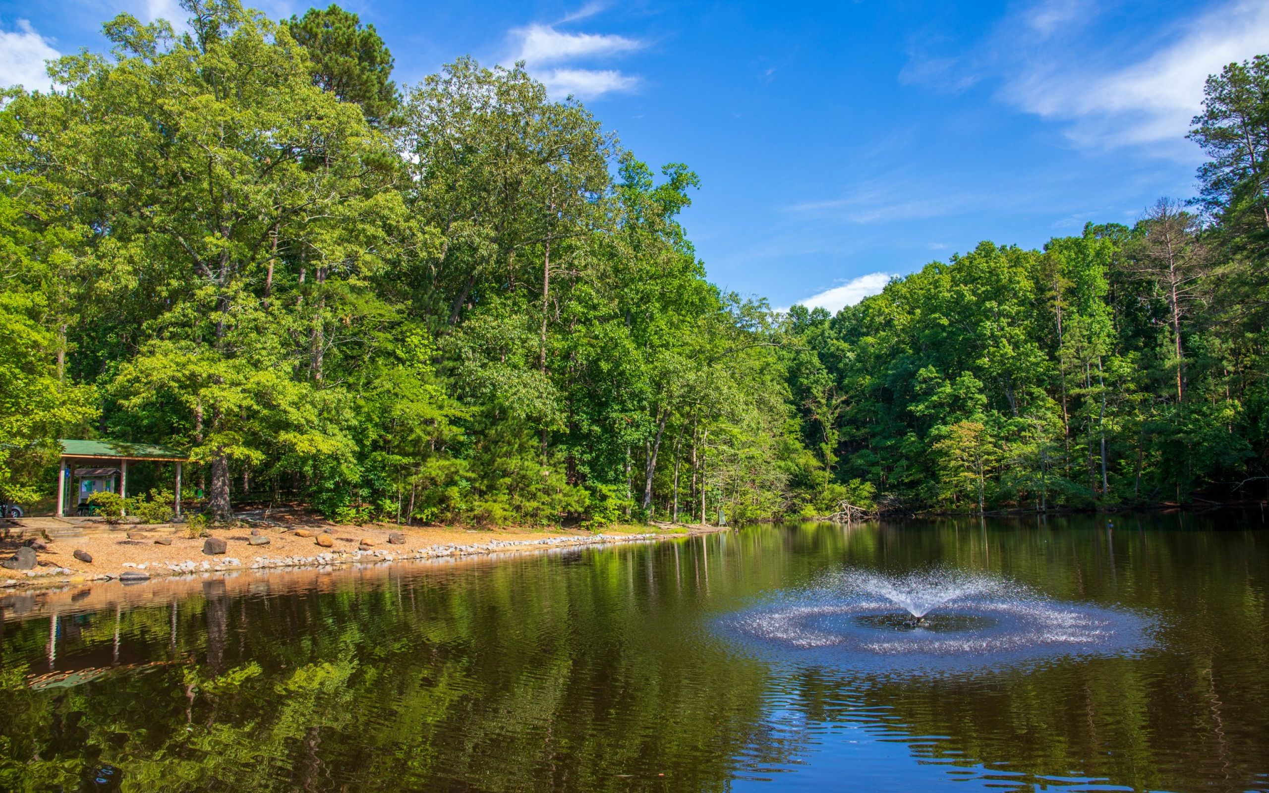 Brickmont at Woodstock summer landscape of a lake, fountain, and forest in Dupree Park in Woodstock, GA