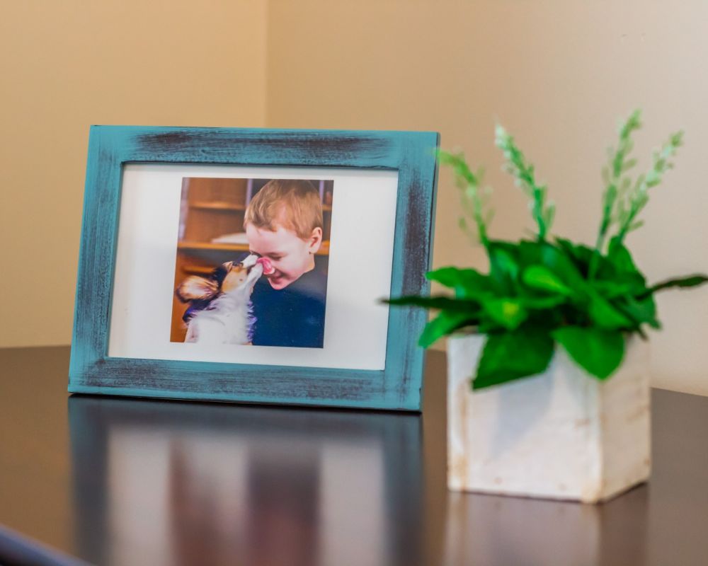 framed photo and faux plant on a table