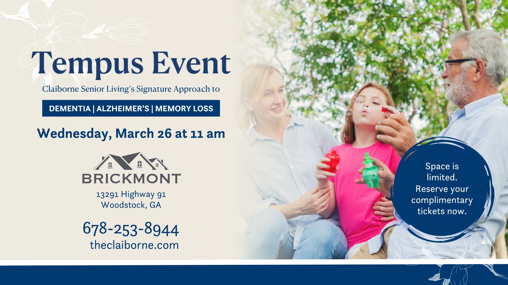 Family enjoying time together outdoors at a senior living event, with event details for Tempus Event displayed.