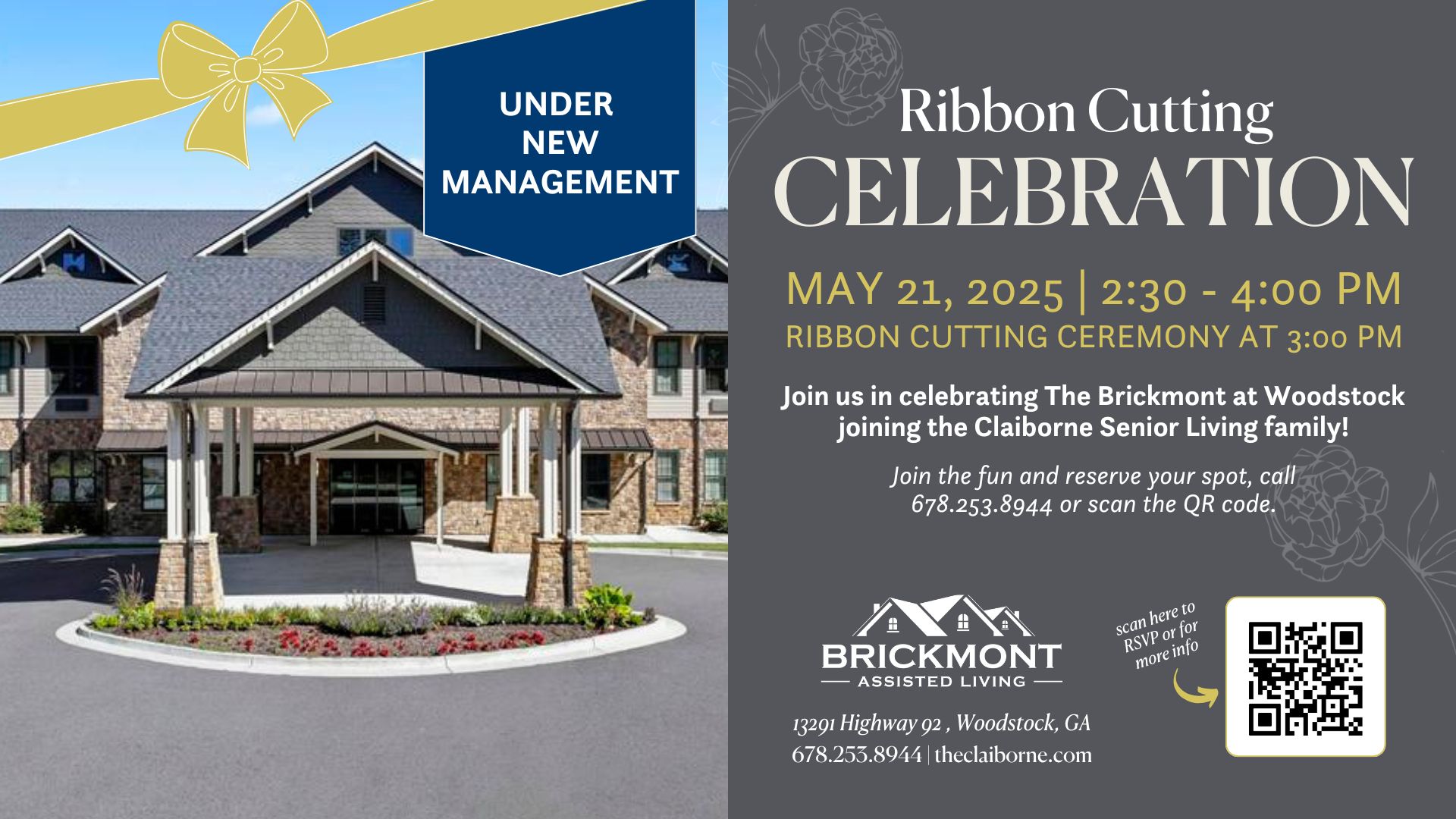 Invitation for a ribbon cutting event at Brickmont Assisted Living on May 21, 2025, with event details and QR code.