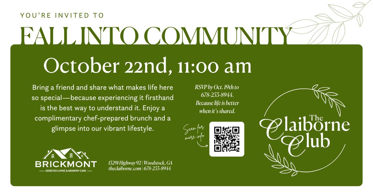 Invitation for a community event at The Claiborne Club on October 22nd at 11 am, hosted by Brickmont.
