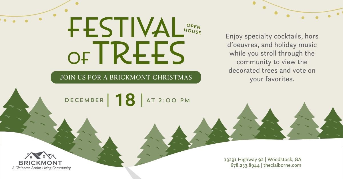 Festival of Trees event flyer with pine trees, date, time, and event details on a green and white background.