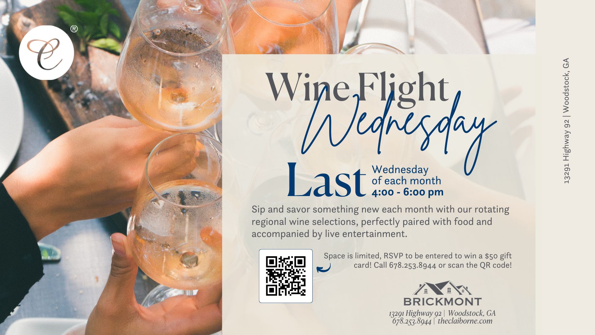 Close-up of people toasting with white wine glasses over a table, advertising a Wine Flight Wednesday event.