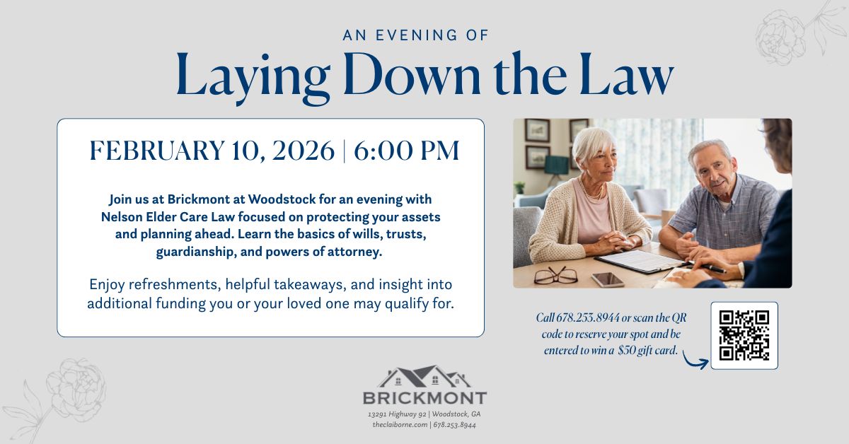 Flyer inviting people to a legal planning event at Brickmont on Feb 10, 2026, with event details and contact info.
