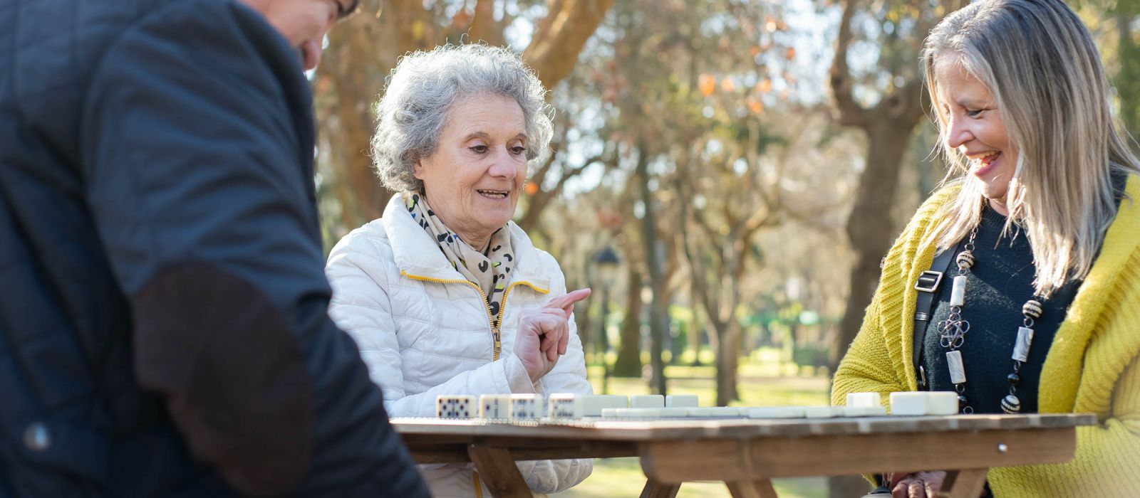 Group of elderly friends playing a board game outdoors