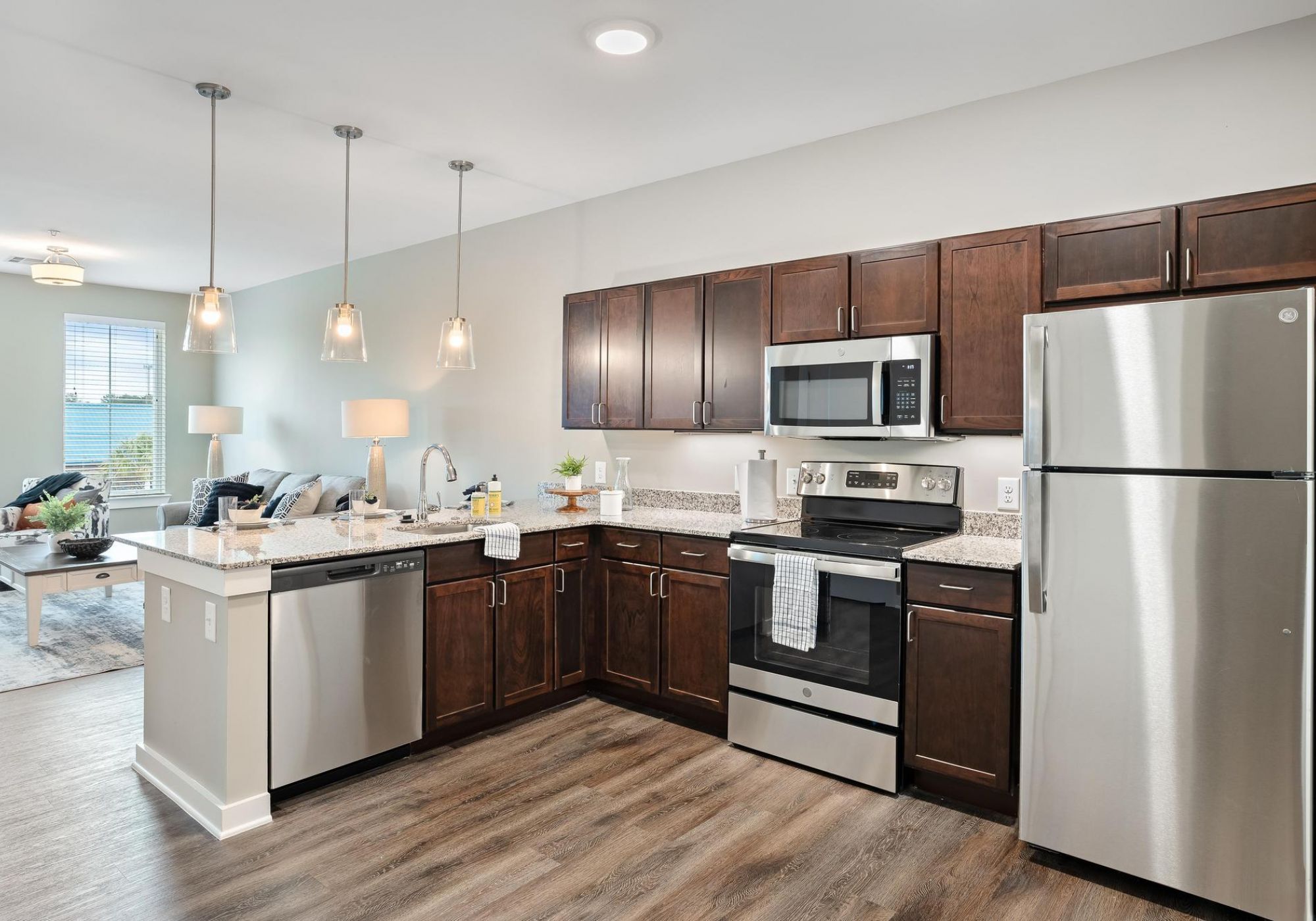The Claiborne at Brickyard Crossing senior living community full kitchen with high-end finishes