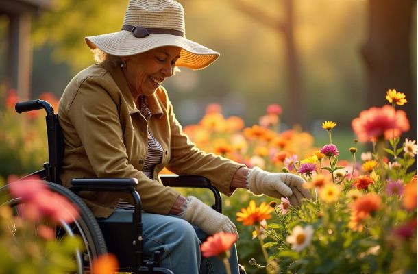 Smiling woman in a wheelchair tending to colorful flowers in a sunlit garden, wearing a hat and gloves.