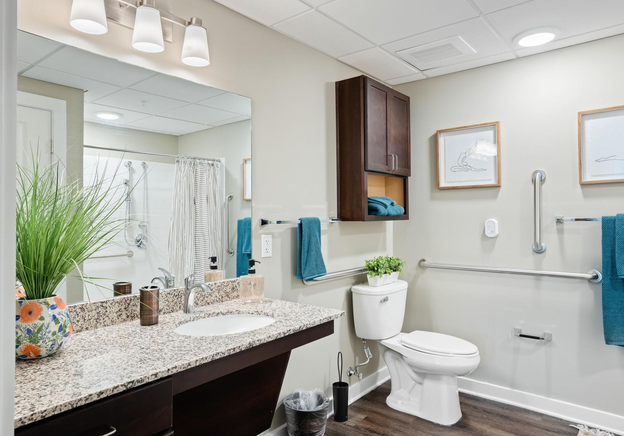 The Claiborne at Brickyard Crossing senior living community bathroom showing accessibility features including handrails, lower sink height, and zero-entry shower