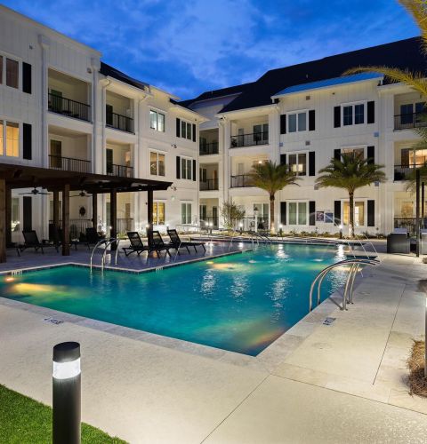 The Claiborne at Brickyard Crossing exterior view of senior community courtyard