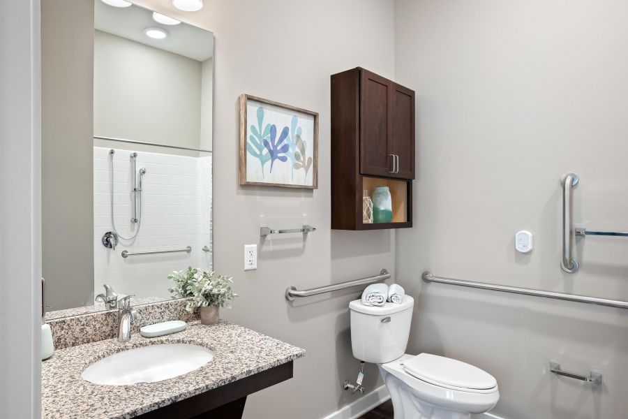 The Claiborne at Brickyard Crossing memory care unit bathroom with accessibility features
