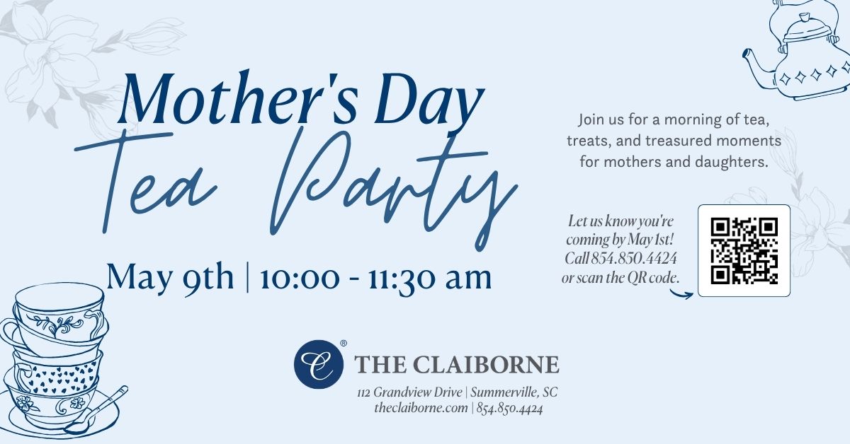 Mother's Day Tea party event graphic, light blue with a stack of tea cups and a tea pot in the corner.