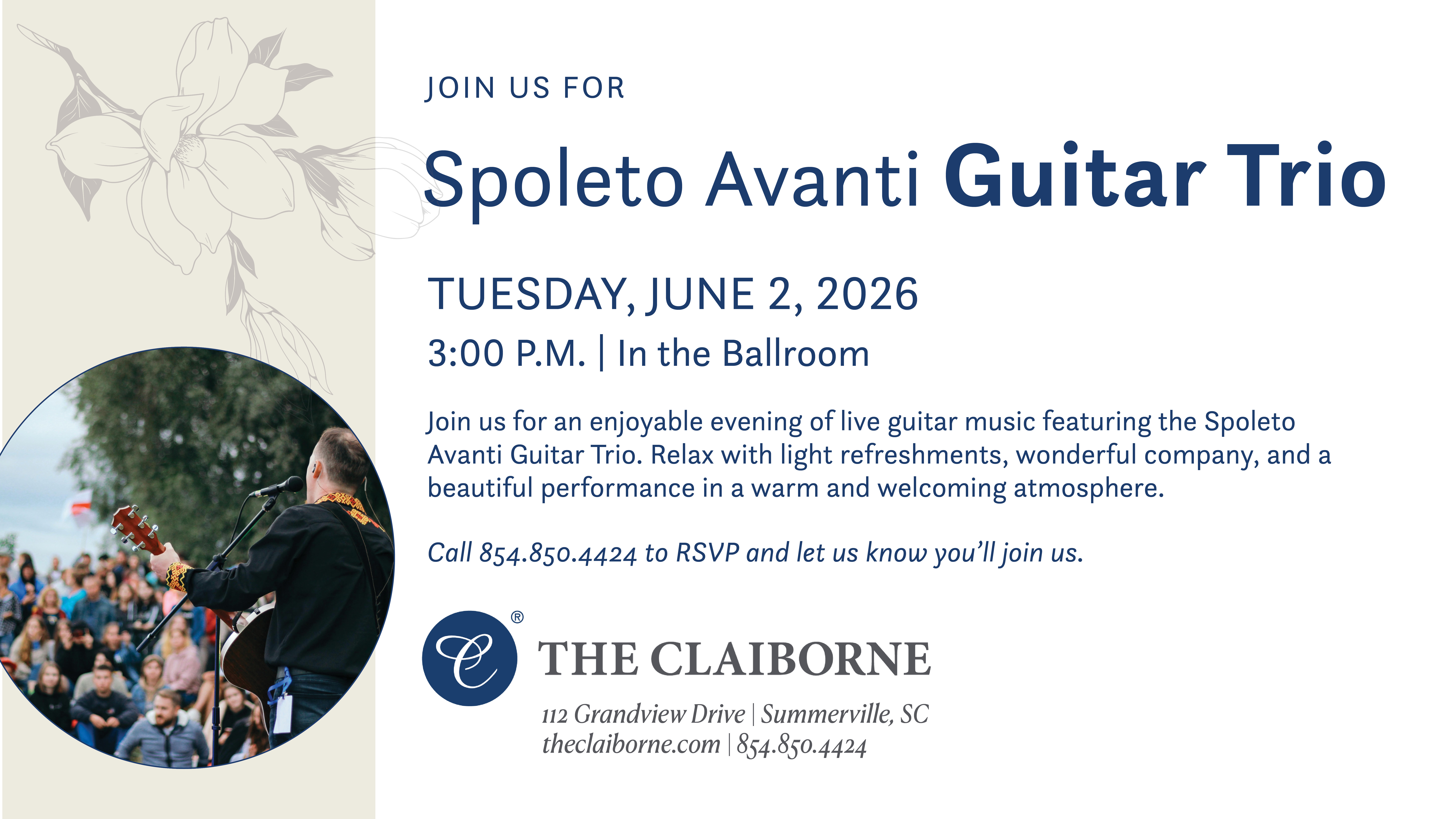 Spoleto Avanti Guitar Trio event flyer for a night of music and refreshments.