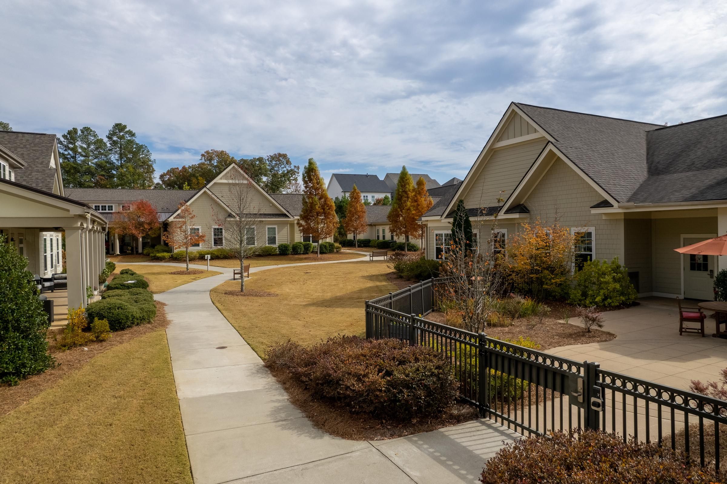 Camellia Place Peaceful residential neighborhood with sidewalks, grass lawns, and modern houses on a partly cloudy day.