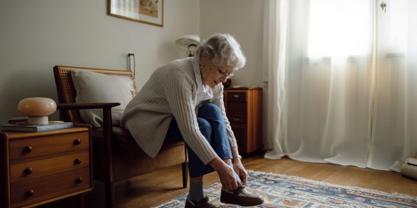 An elderly woman sits on a chair in a cozy room, putting on her shoes in the morning light.