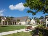 Camellia Place A sunny courtyard with a wooden bench, sidewalks, green lawns, and light-colored residential buildings.