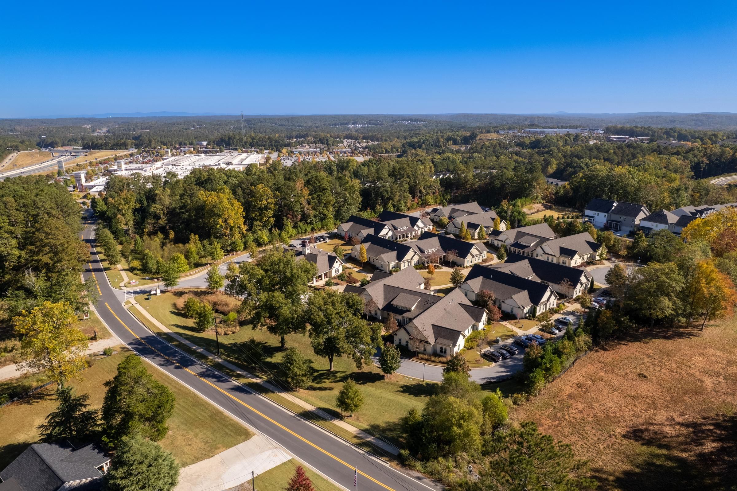 Camellia Place Aerial view of a suburban neighborhood with houses, trees, and a road under a clear blue sky.