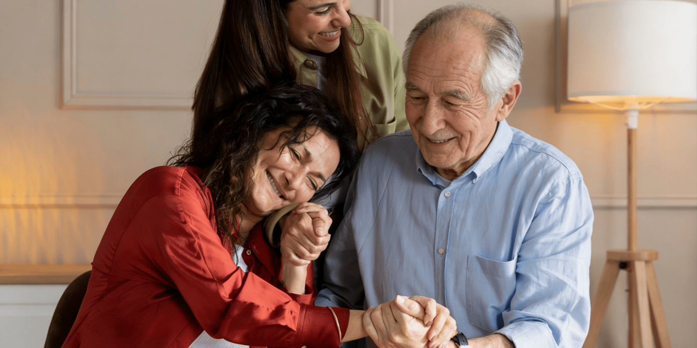 Three people smiling and holding hands while looking at a photo album at a table.