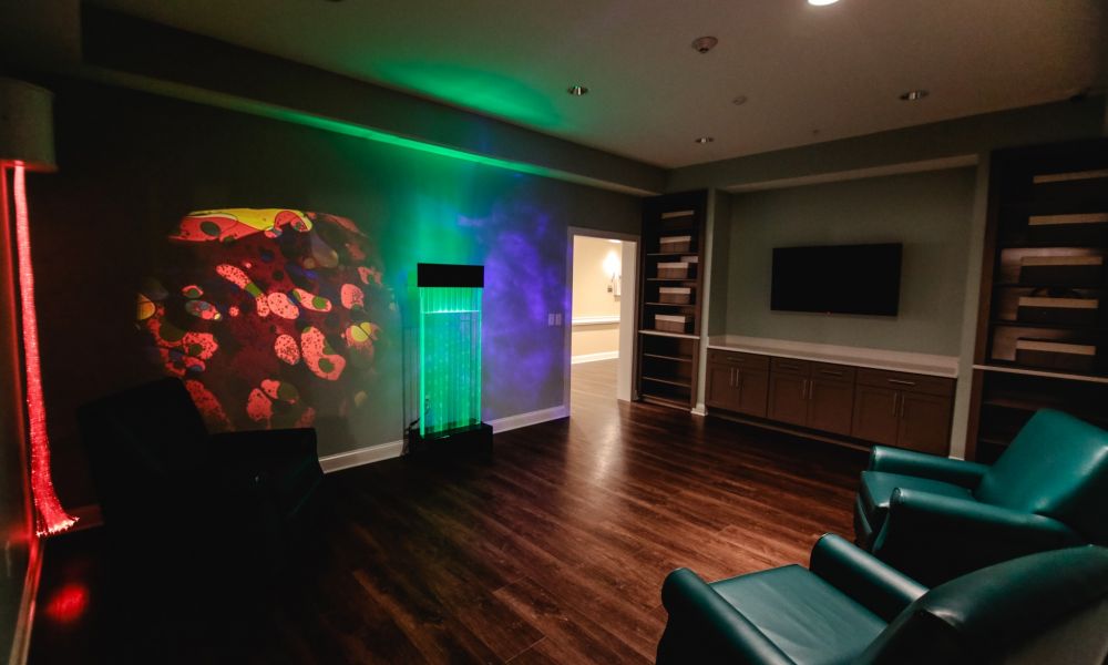 The Claiborne at Acworthresident lounge amenity with lounge chairs, a water feature, decorative bookshelves, and a flat screen tv