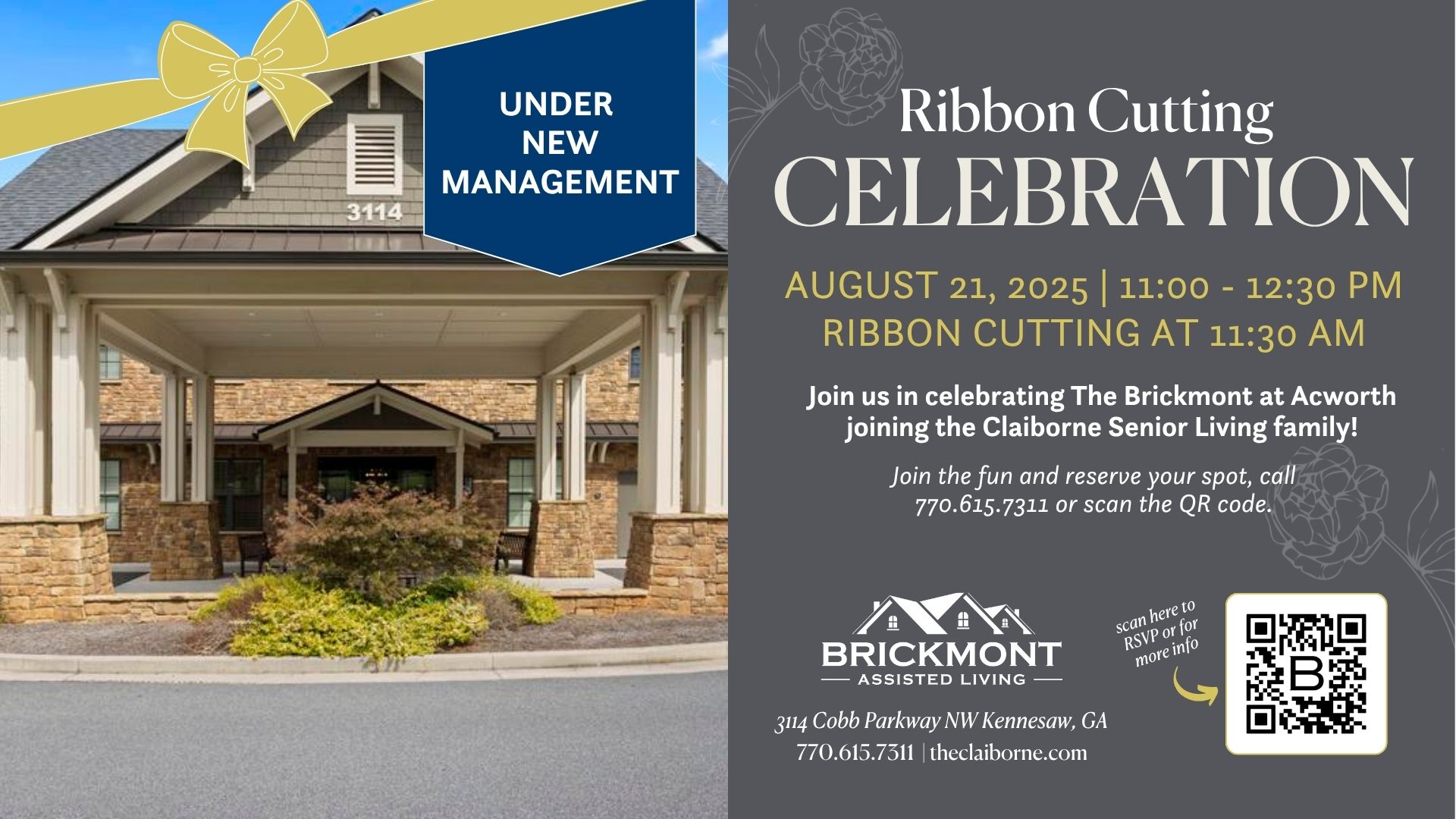 Exterior of a senior living facility with details for a ribbon cutting celebration event on August 21, 2025.