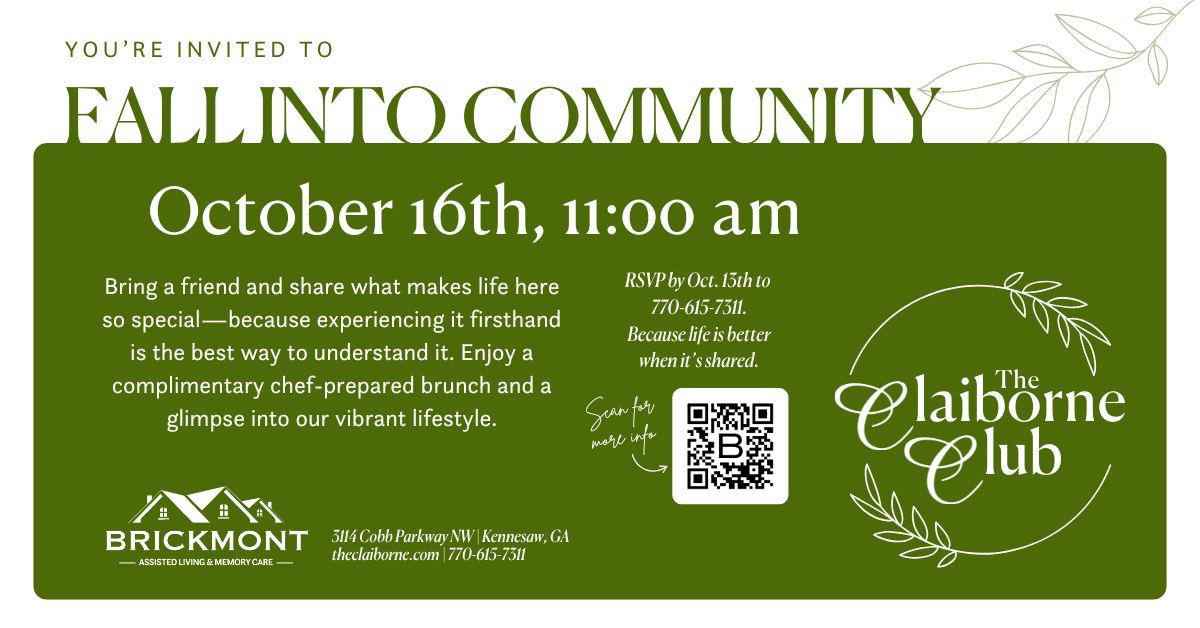 Invitation for "Fall Into Community" brunch at The Claiborne Club, Oct. 16, with RSVP and contact details.