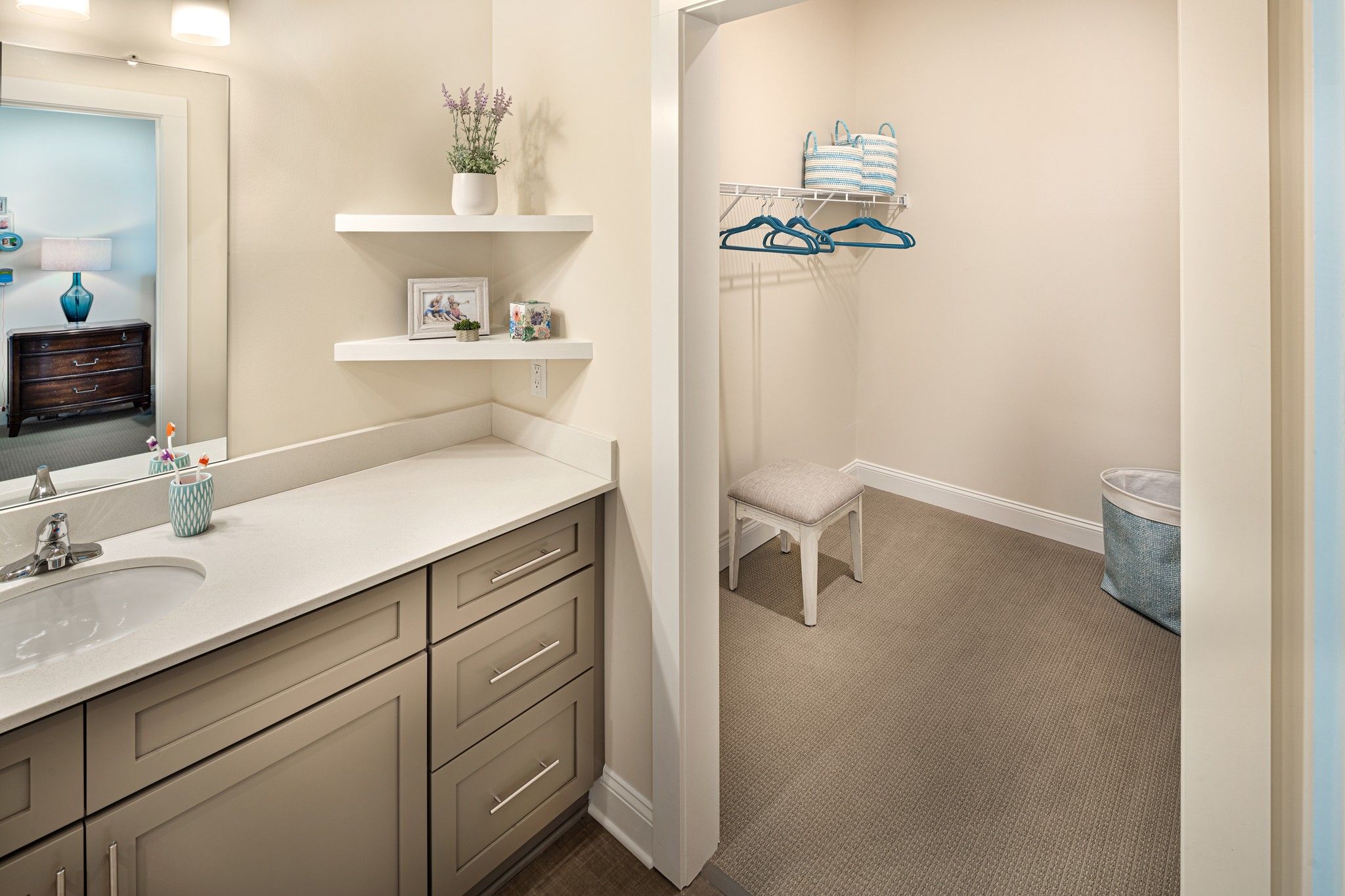 The Claiborne at Johns Creekapartment bathroom with large walk in closet attached